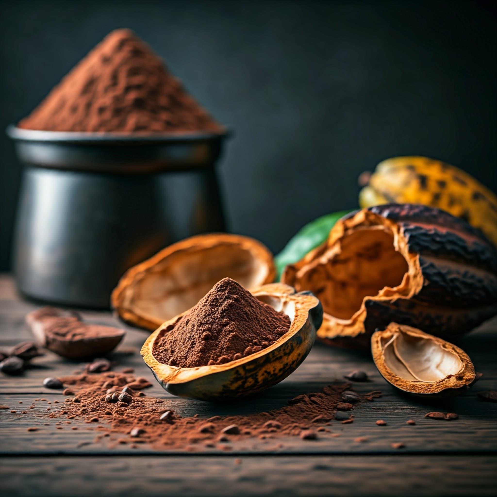 Farina di cacao che utilizza bucce di baccelli di cacao come ingrediente (Immagine generata da IA)