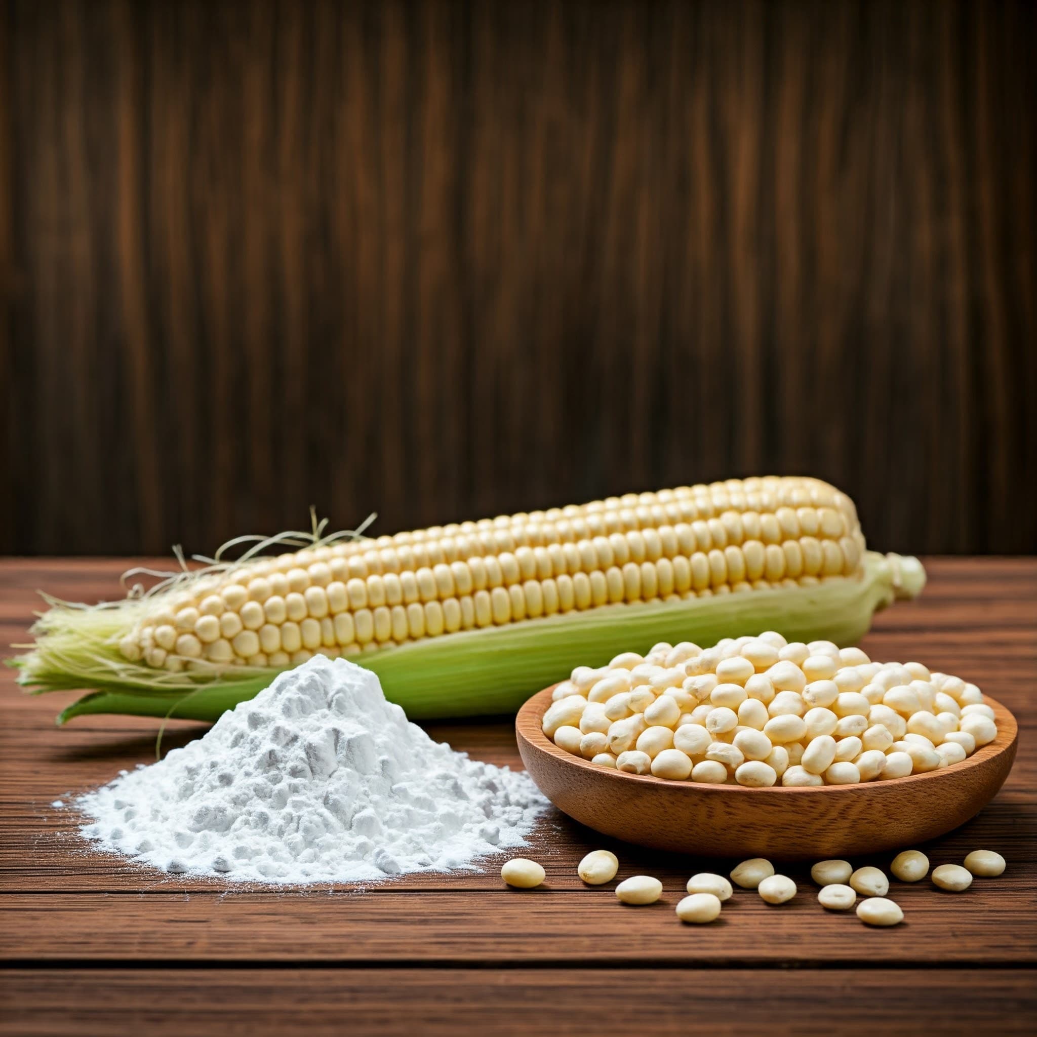 Skrobia kukurydziana biała z użyciem białej kukurydzy non-GMO jako składnika (Obraz wygenerowany przez AI)