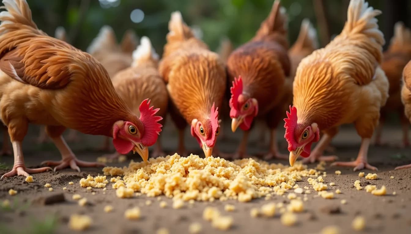 Pollo che si nutre di panello di soia disoleato (Immagine generata da IA)