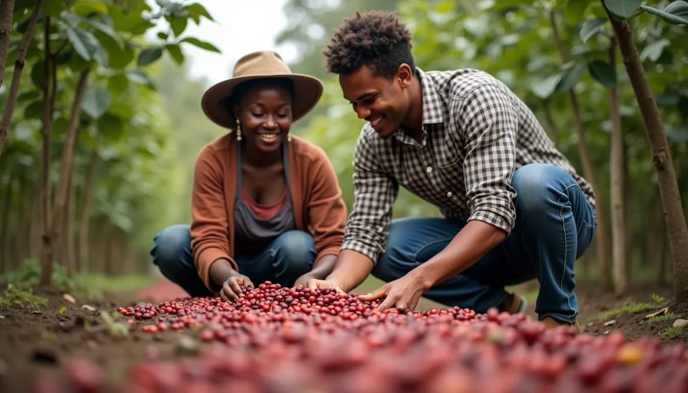 Agricoltori africani che raccolgono ciliegie di caffè (Immagine generata da IA)