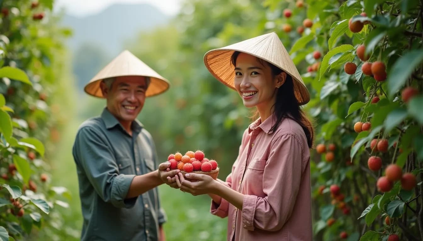 Agricoltori vietnamiti che raccolgono i litchi (immagine generata da IA)