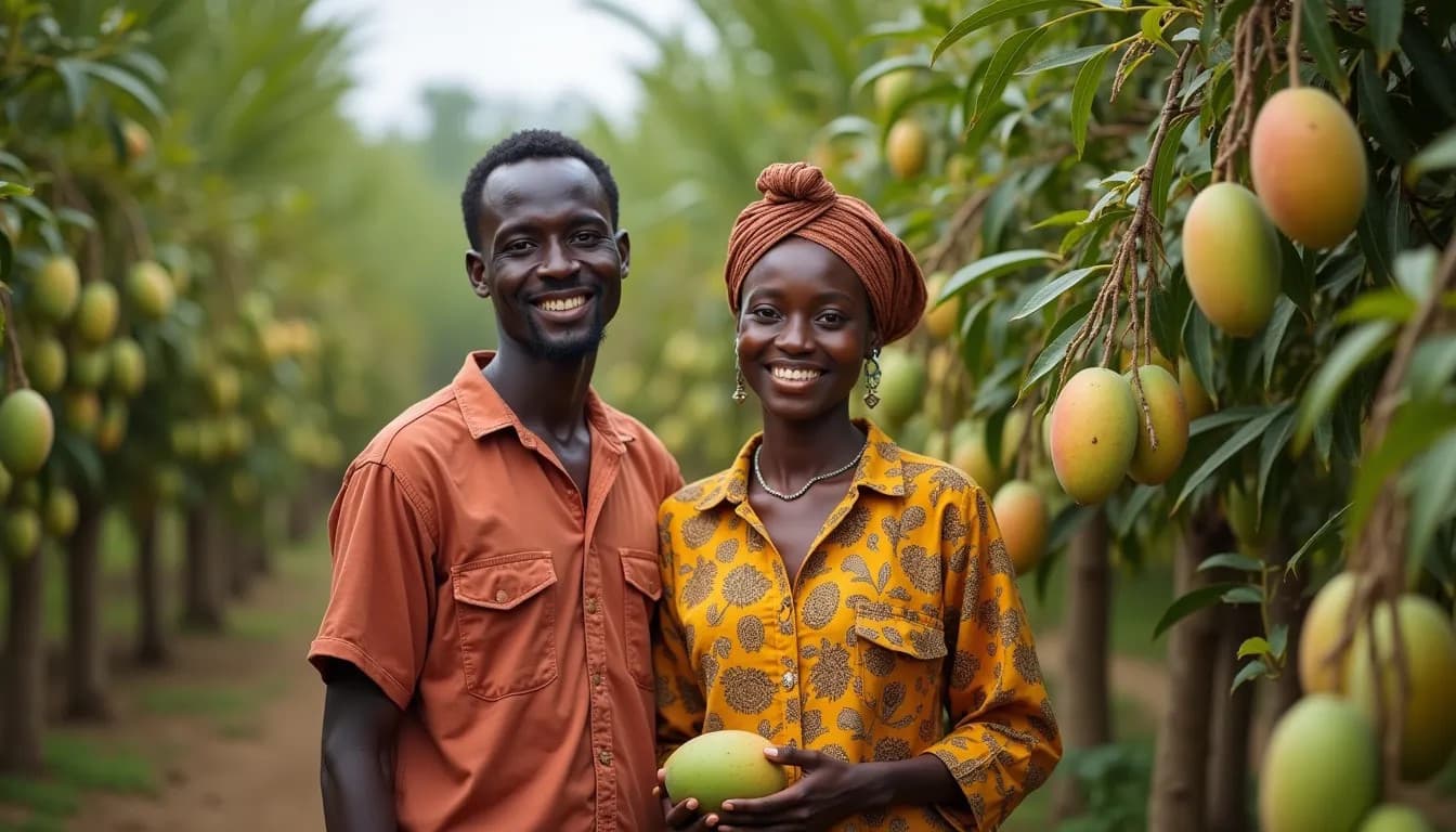 Agricoltori africani che raccolgono mango (Immagine generata da IA)