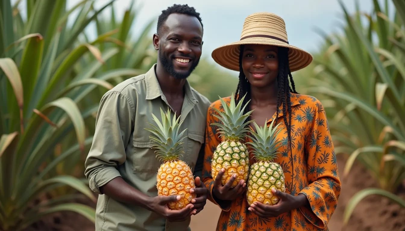 Agricoltori africani che raccolgono ananas (immagine generata da IA)
