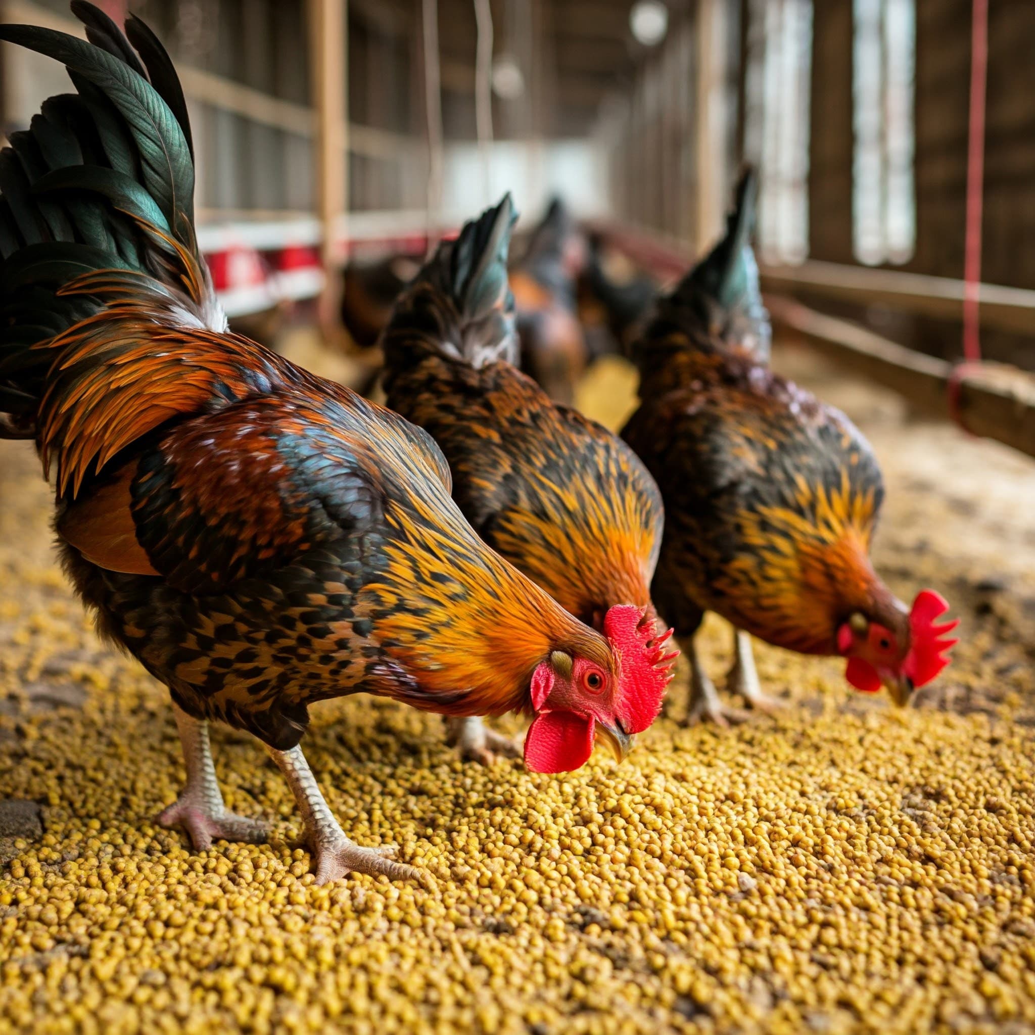 Galli che si nutrono di farina di soia deoleata (Immagine generata dall'IA)