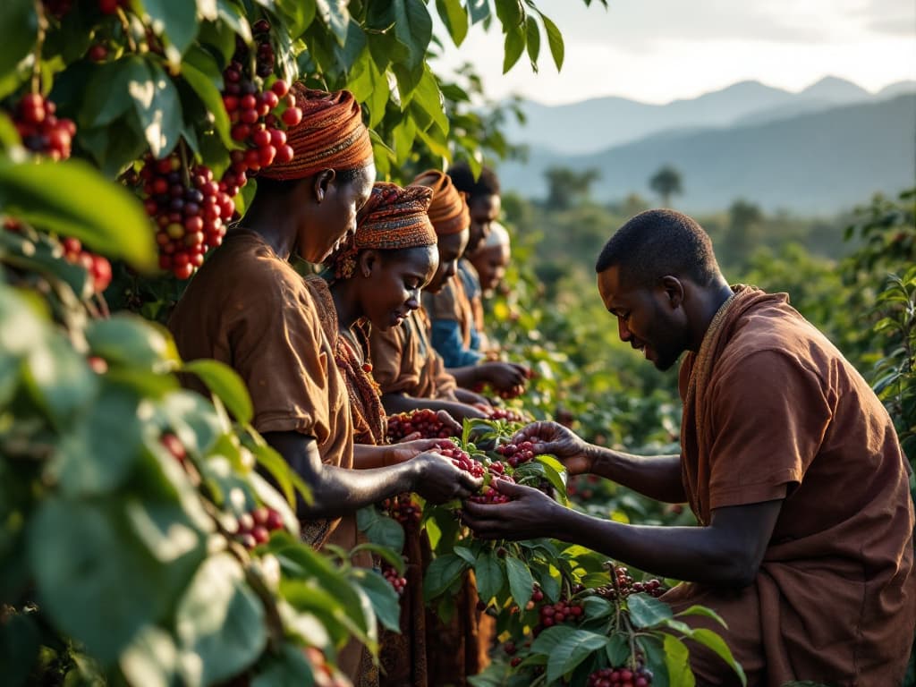 Agricoltori che raccolgono ciliegie di caffè (immagine generata da IA)