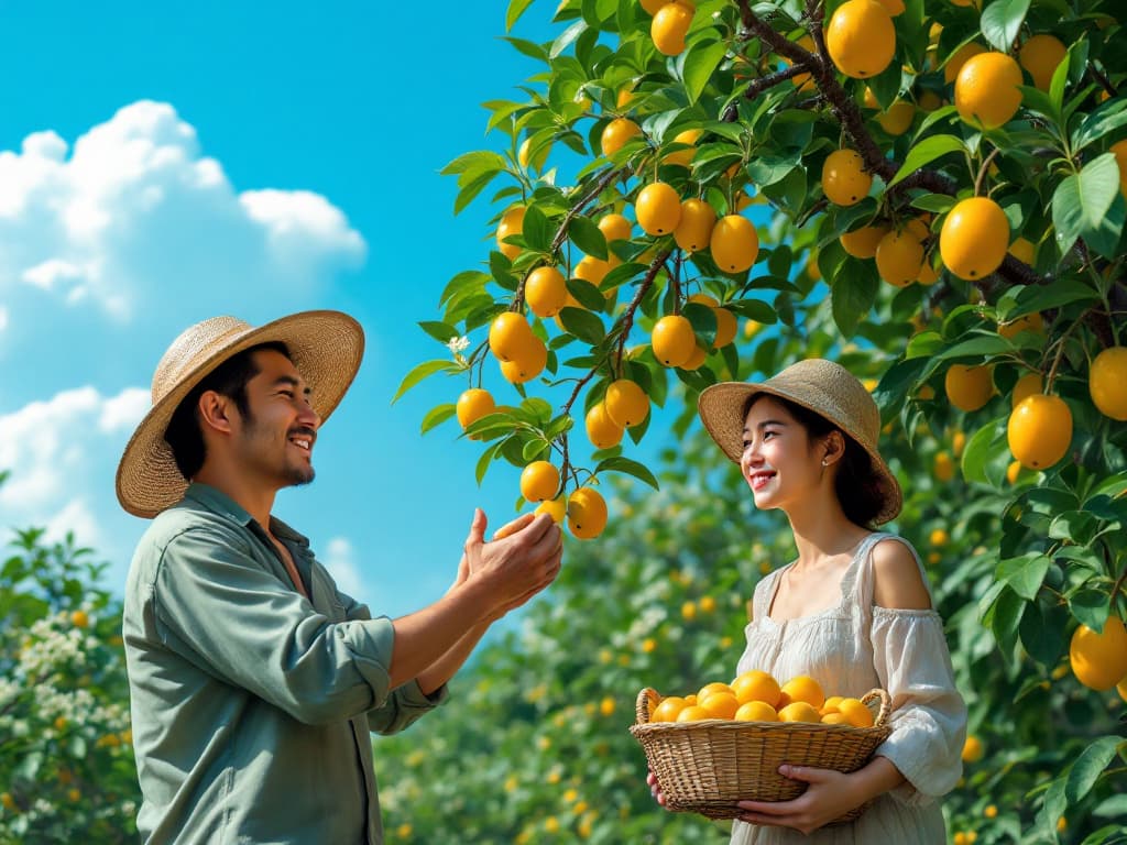 Agricoltori che raccolgono frutta (immagine generata da IA)