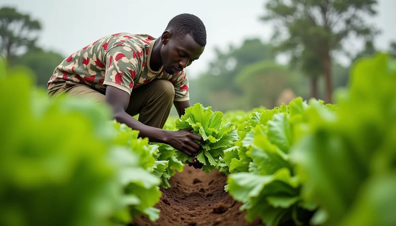 L'agricoltore raccoglie lattuga (immagine generata da IA)