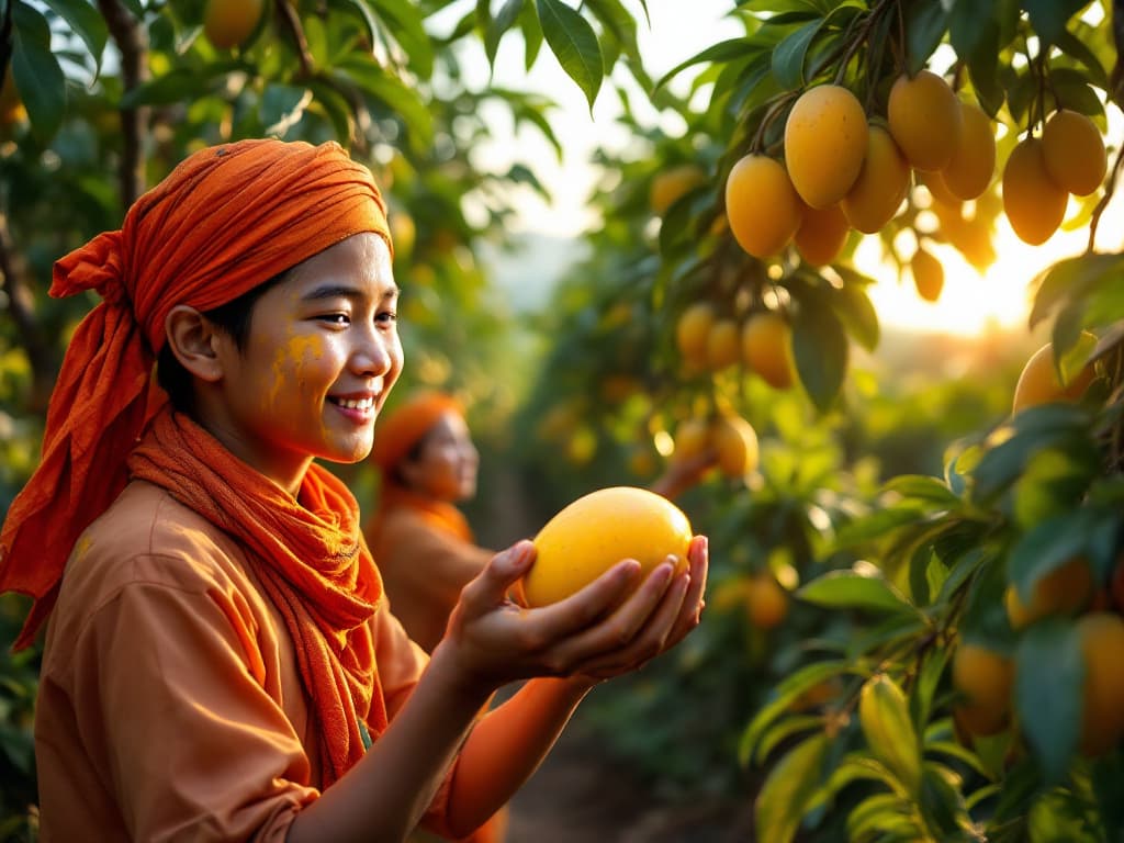 Gli agricoltori raccolgono manghi (immagine generata da IA)