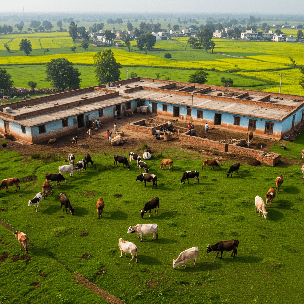 भारत के ग्रामीण क्षेत्र में डेयरी फार्म (AI-जनित छवि)