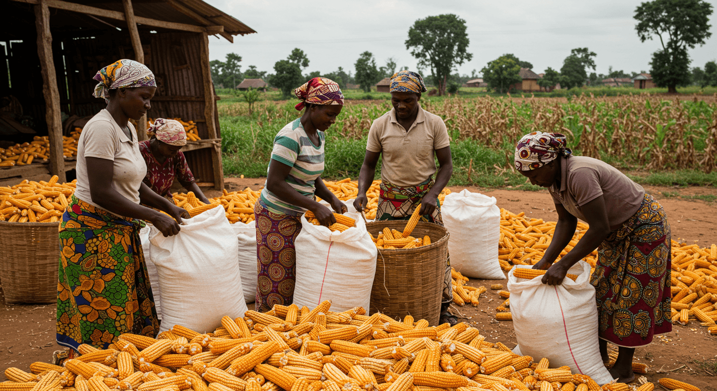 Sekelompok wanita mengemas jagung setelah panen di Togo (Gambar yang Dihasilkan oleh AI)