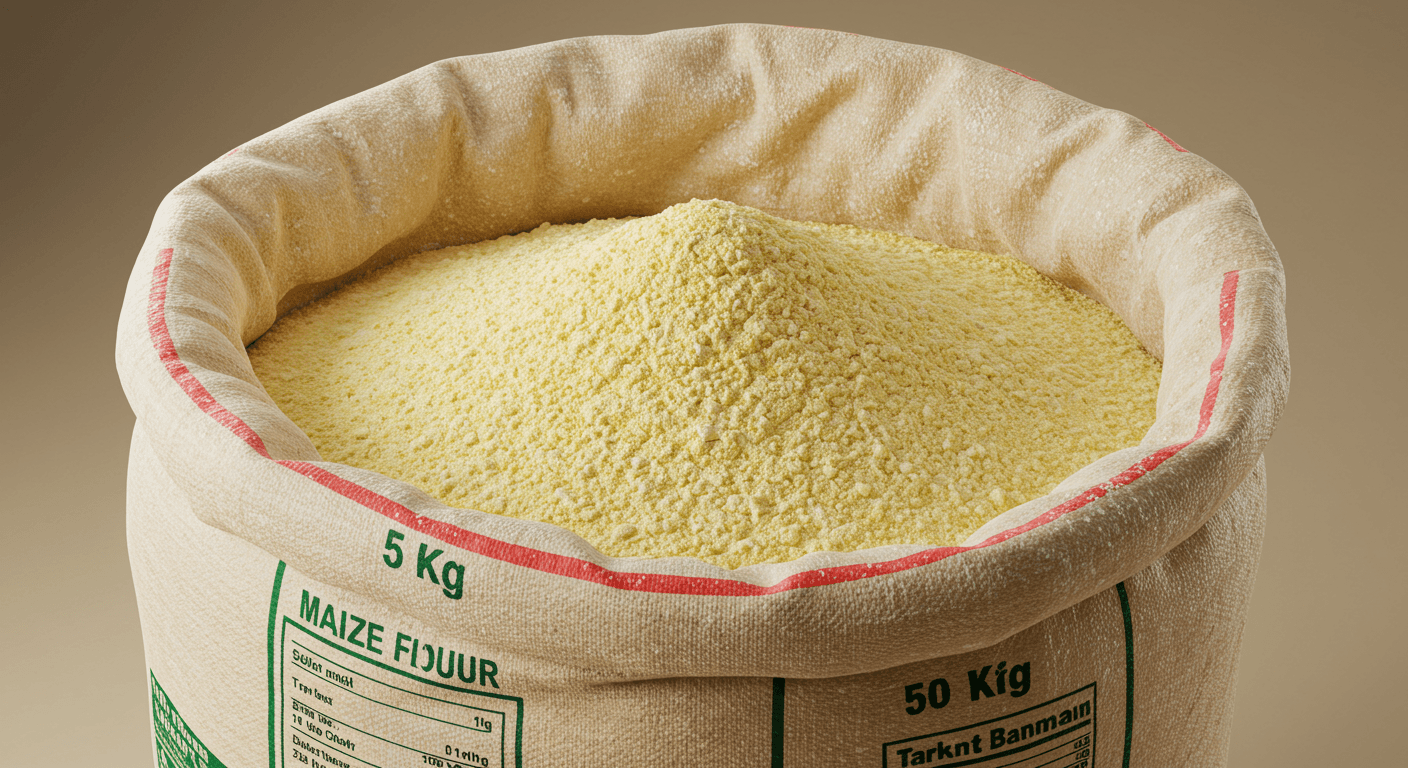 Farina di mais in un sacco da esportazione da 50 KG (immagine generata dall'IA)
