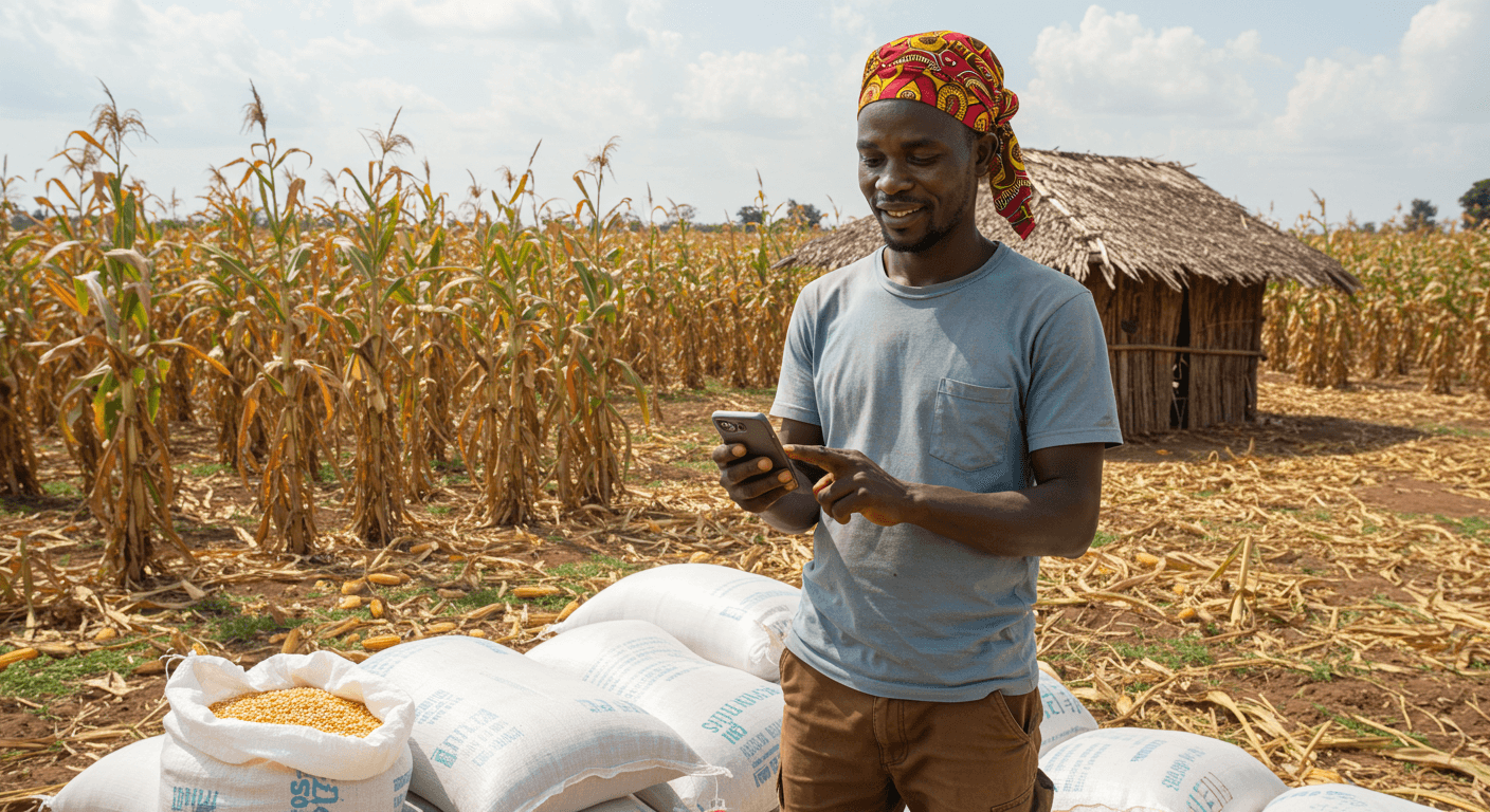 Agricoltore togolese che utilizza un'app mobile per monitorare il confezionamento dei chicchi di mais (immagine generata dall'IA)