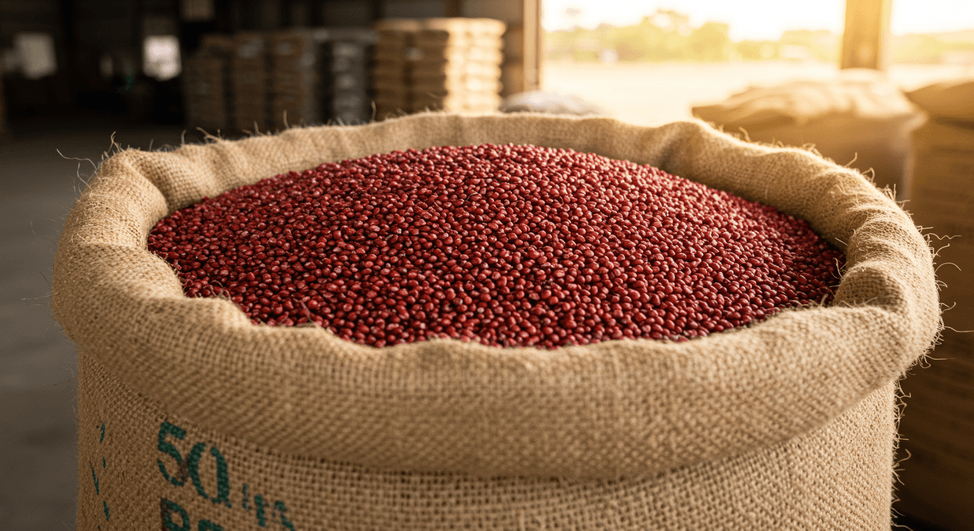 Chicchi di sorgo rosso in un sacco da esportazione da 50 KG (immagine generata dall'IA)