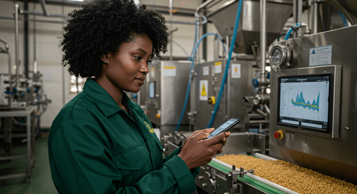 Ingegnera tanzaniana che utilizza un'app mobile per monitorare la produzione di olio di soia (immagine generata dall'IA)
