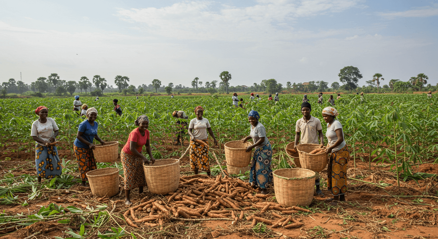 Nigeryjscy rolnicy zbierający maniok (Obraz wygenerowany przez SI)