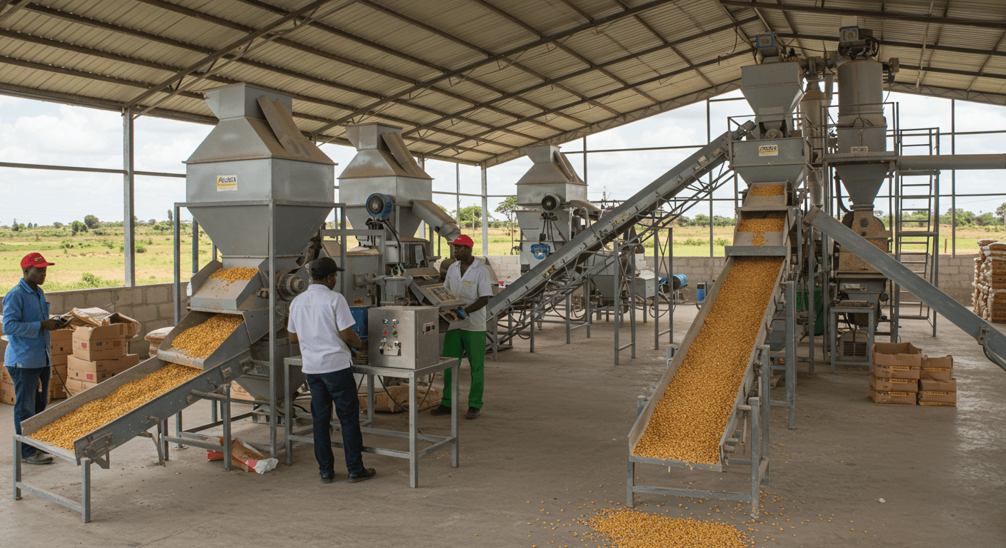 Ligne de production de farine de maïs en Tanzanie (image générée par IA).