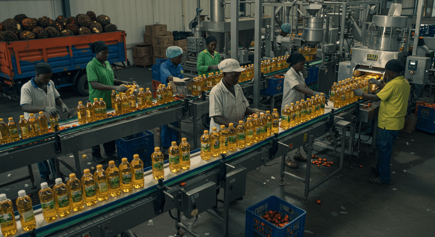 Ligne de production d’huile de palme comestible en Tanzanie (image générée par IA).