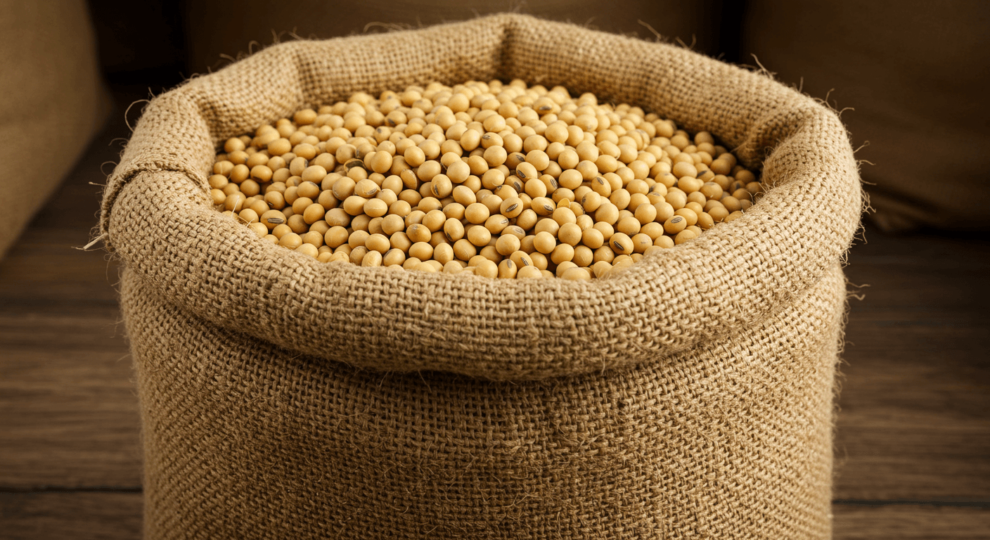 Graines de soja dans un sac de 50 kg (image générée par IA)