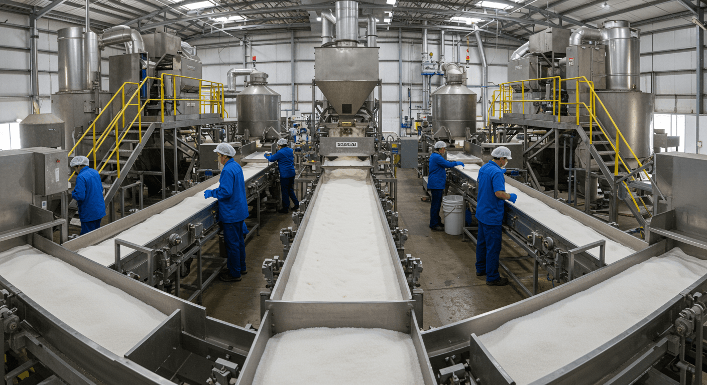 Produktionslinie für raffinierten Zucker ICUMSA 45 in Brasilien (KI-generiertes Bild)