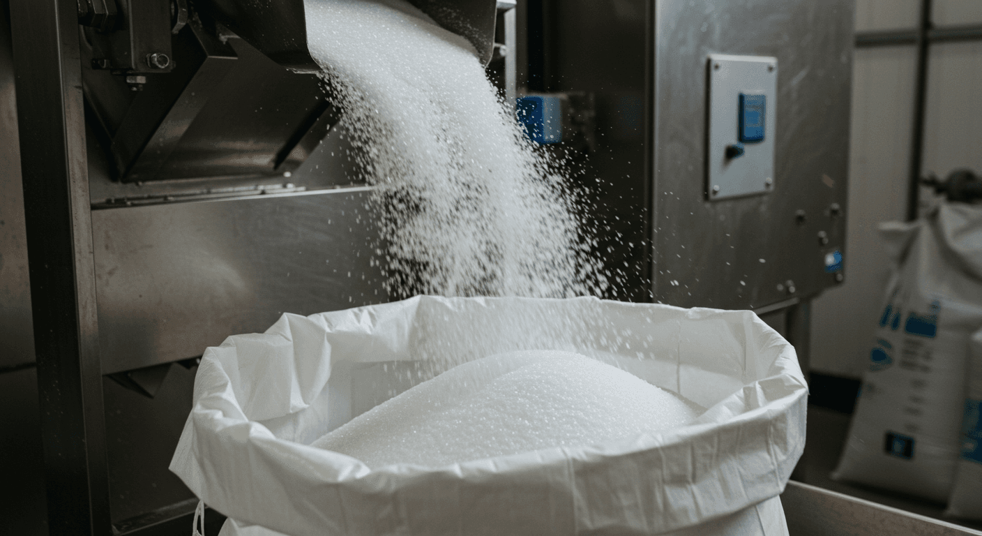 Raffinierter Zucker ICUMSA 45, der auf einer Produktionslinie in einen 50‑kg‑Sack fällt (KI‑generiertes Bild)