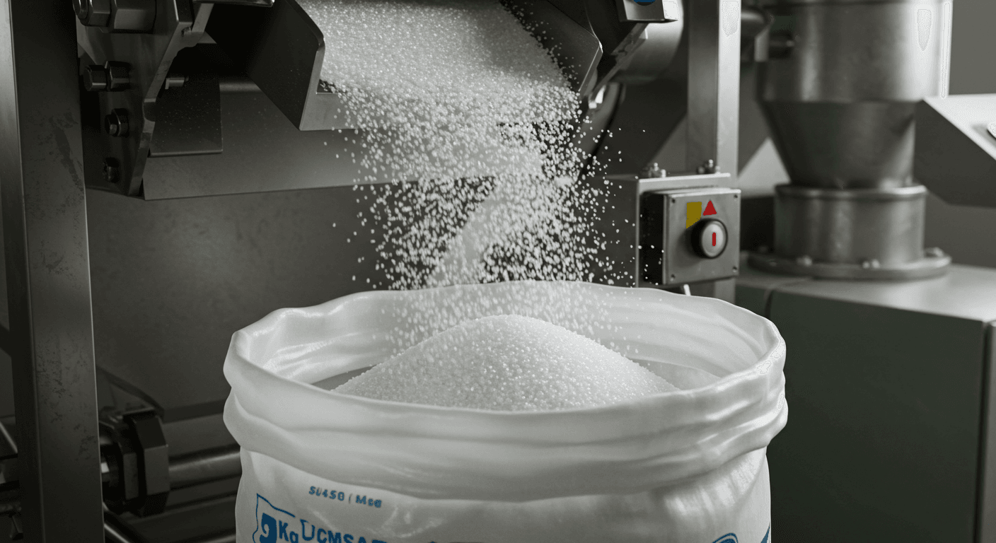 Raffinierter Zucker ICUMSA 45, der auf einer Produktionslinie in einen 50‑kg‑Sack fällt (KI‑generiertes Bild)