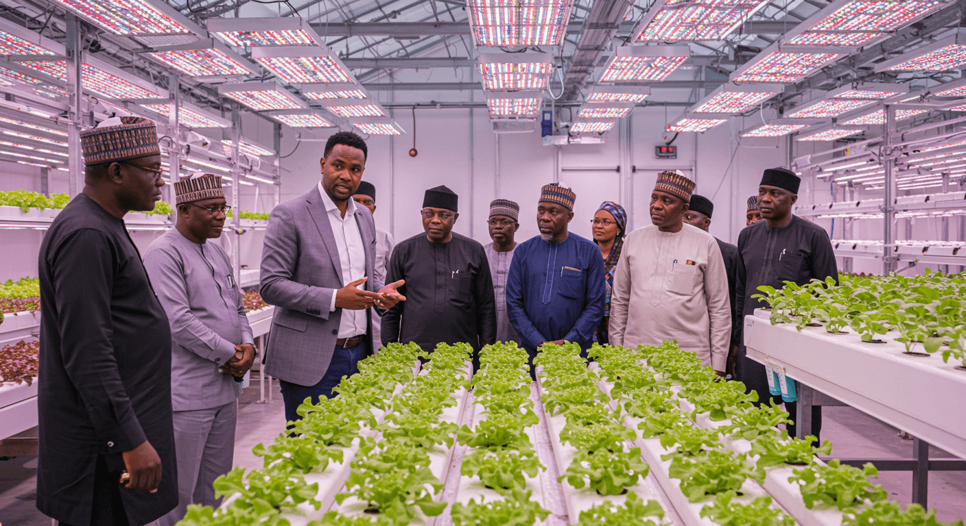 A German entrepreneur from the African diaspora showed a hydroponic greenhouse to a delegation of Nigerian businessmen and businesswomen (AI-generated image).