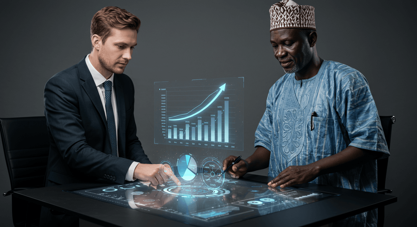 Two executives—one Spanish in a business suit and one African in traditional West African attire—lean over a digital investment dashboard on a touchscreen table, with holographic charts showing rising yields and returns. (AI‑generated image)