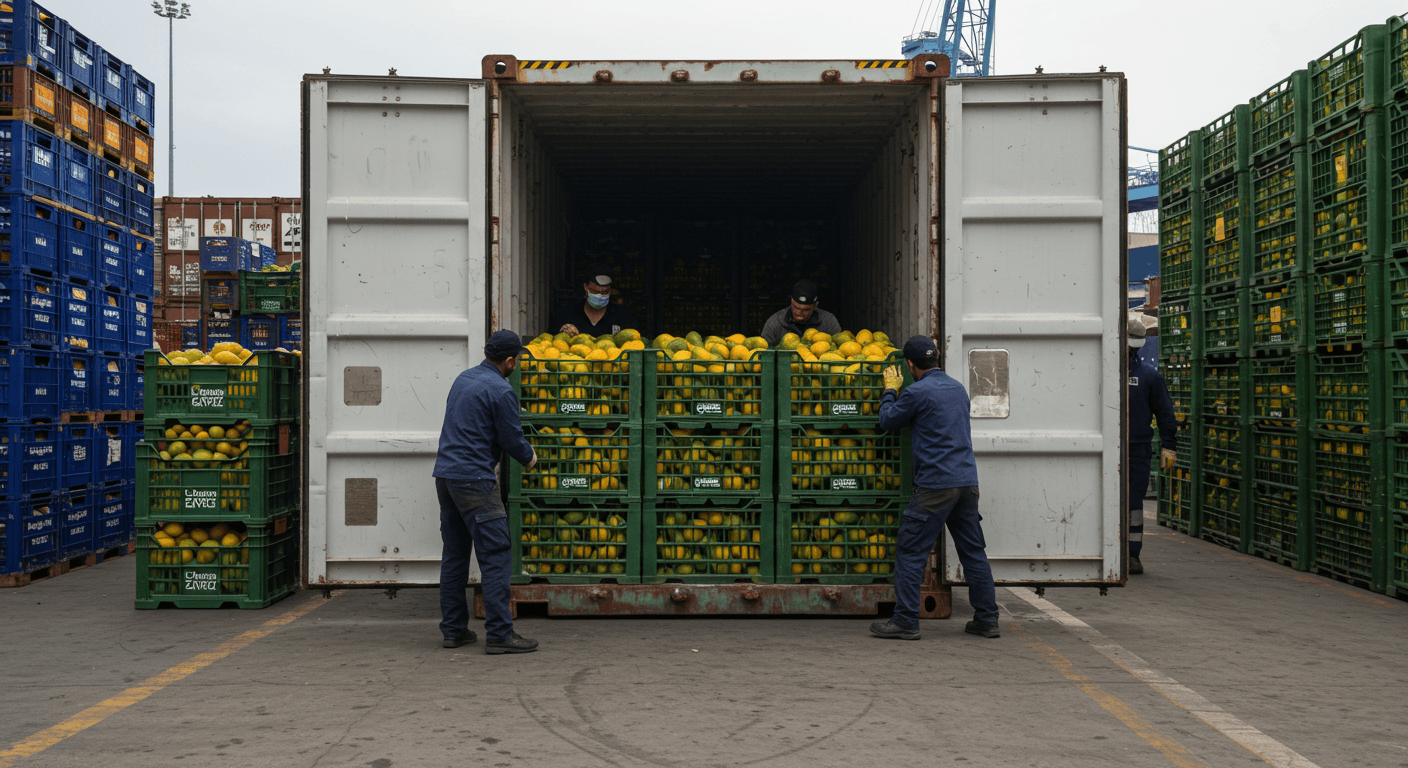 A refrigerated shipping container being loaded with fresh mangoes stamped with EU organic certification logos, docked at the Port of Barcelona (AI-generated image).