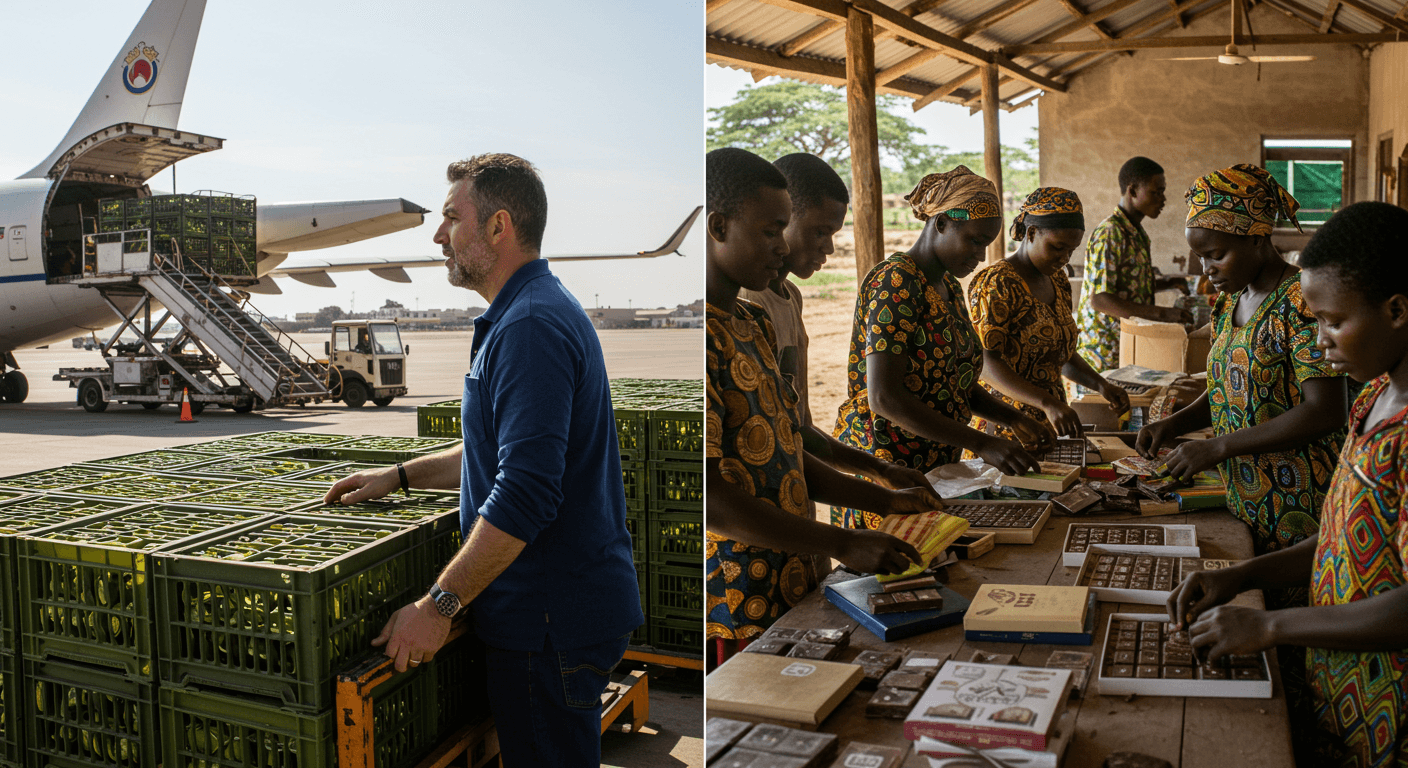 Split‑screen style: on the left, a Spanish olive oil exporter loading crates onto a freight plane; on the right, a Ghanaian cocoa cooperative packing gift‑boxed chocolate bars. (AI‑generated image)