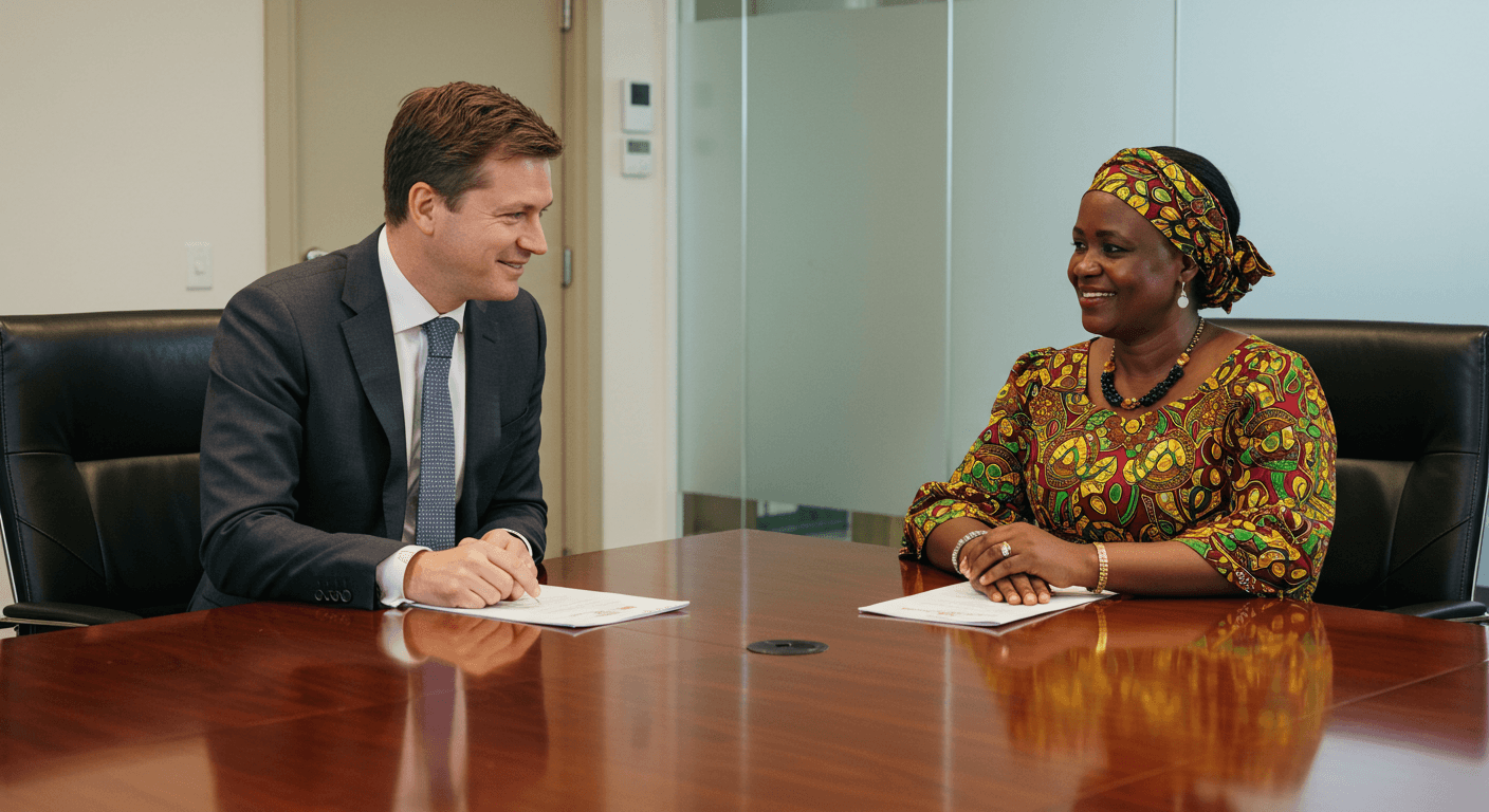 European CEO and West African agricultural cooperative head engaging in a friendly one-on-one meeting (AI-generated image)