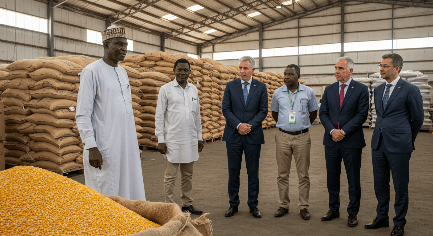 El propietario senegalés de un almacén repleto de sacos de maíz recibió a líderes del sector agroindustrial español para una visita (imagen generada por IA).
