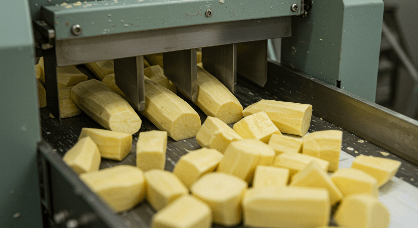 Pemotongan singkong yang dikupas dengan mesin (gambar yang dihasilkan oleh AI).