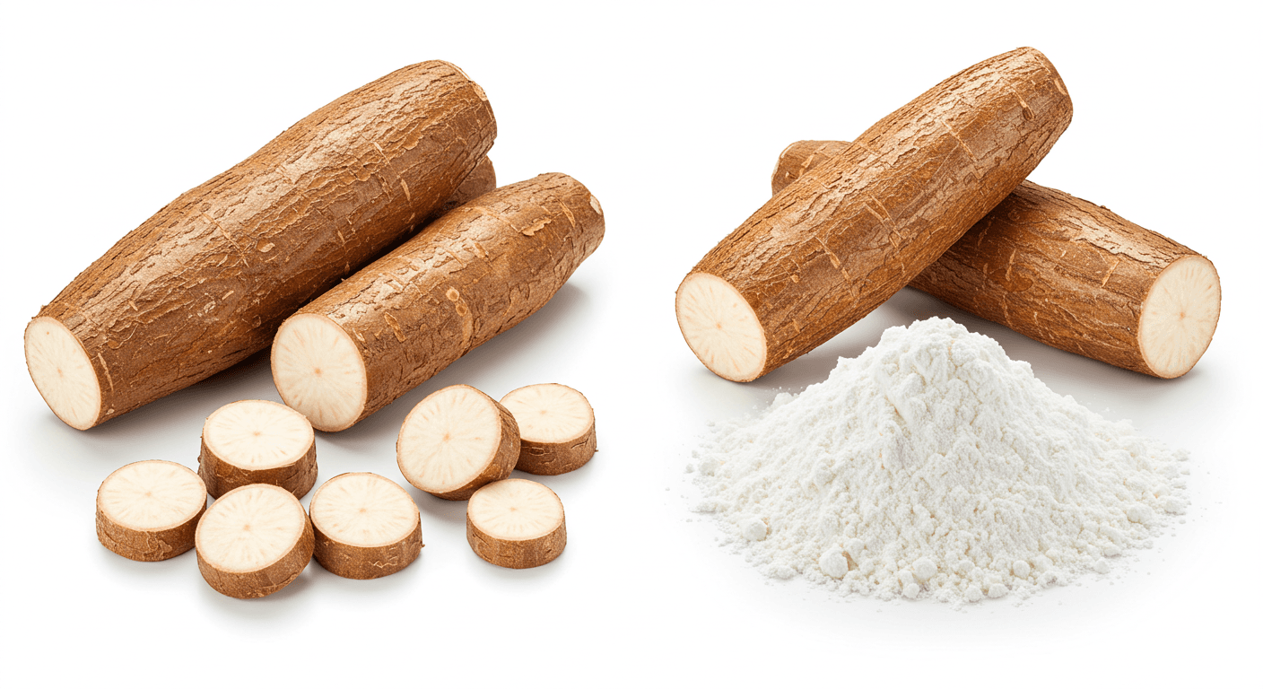 جذور الكسافا ونشا الكسافا جنبًا إلى جنب (صورة مُولَّدة بواسطة الذكاء الاصطناعي).