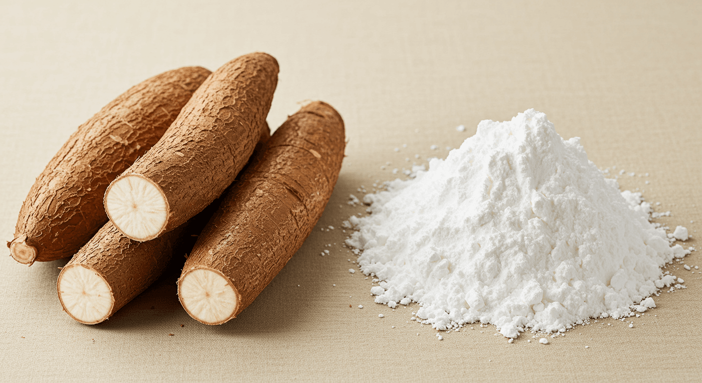 Maniokwurzeln und Maniokstärke nebeneinander (KI-generiertes Bild).