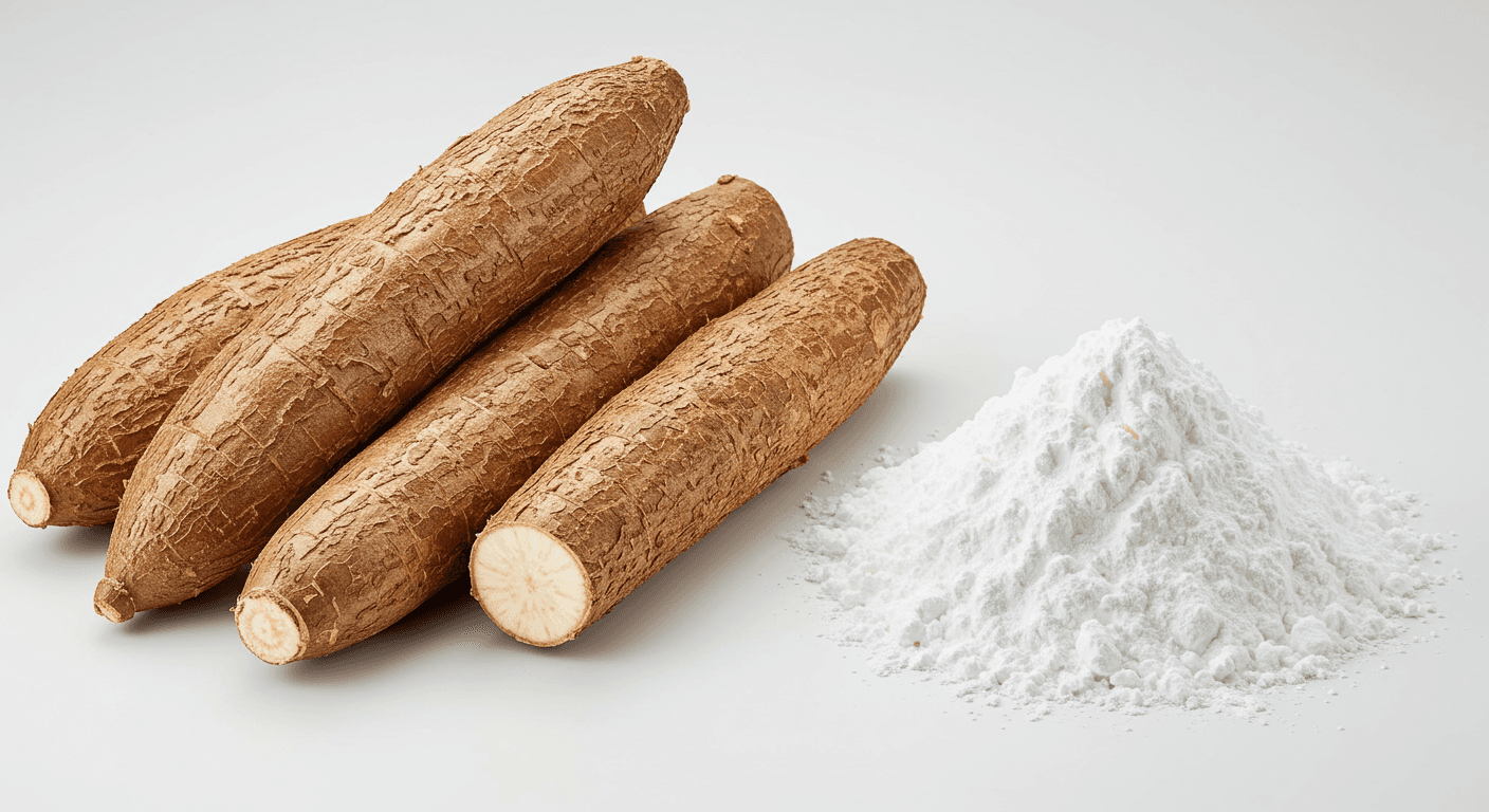 Akar singkong dan pati singkong berdampingan (gambar yang dihasilkan oleh AI).