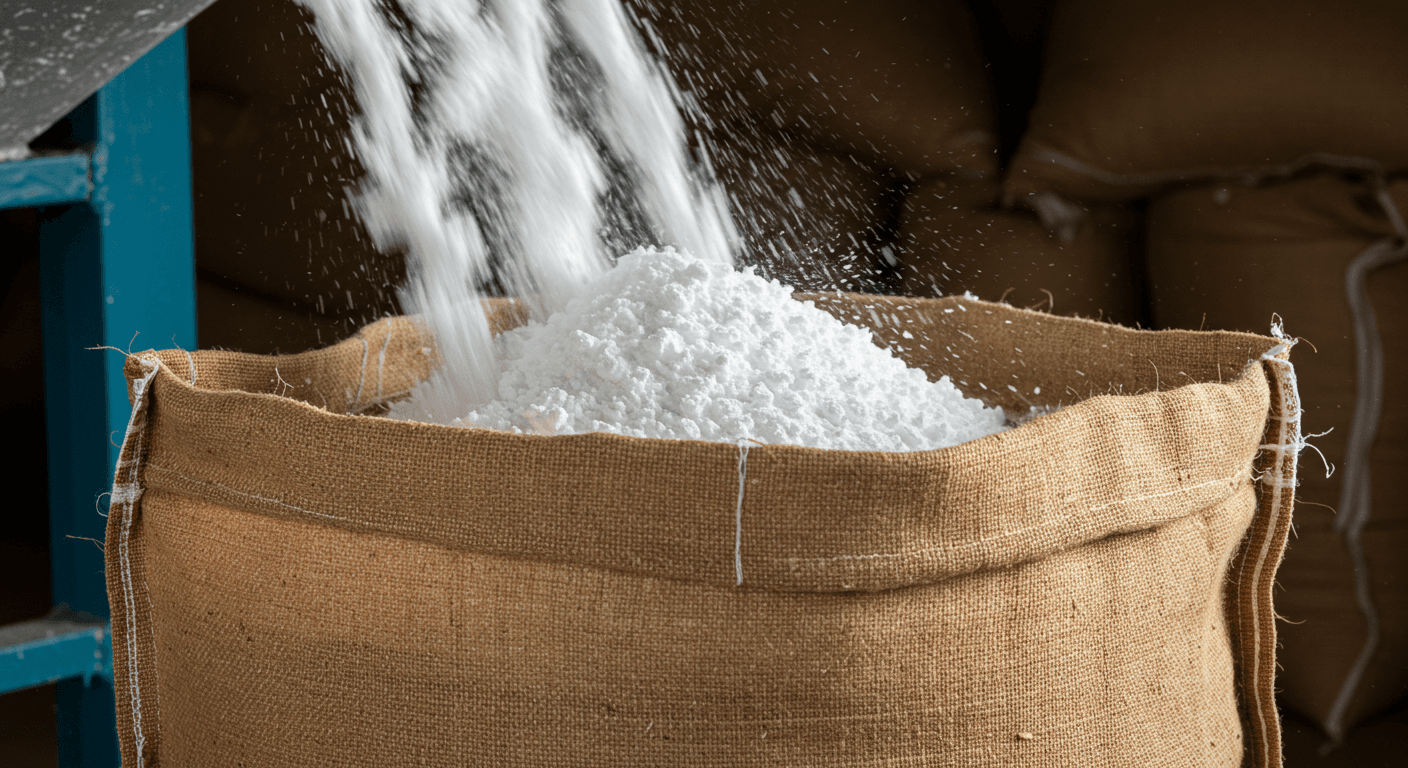 نشا الكسافا يتساقط في كيس وزنه 50 كغ (صورة مُولَّدة بواسطة الذكاء الاصطناعي).