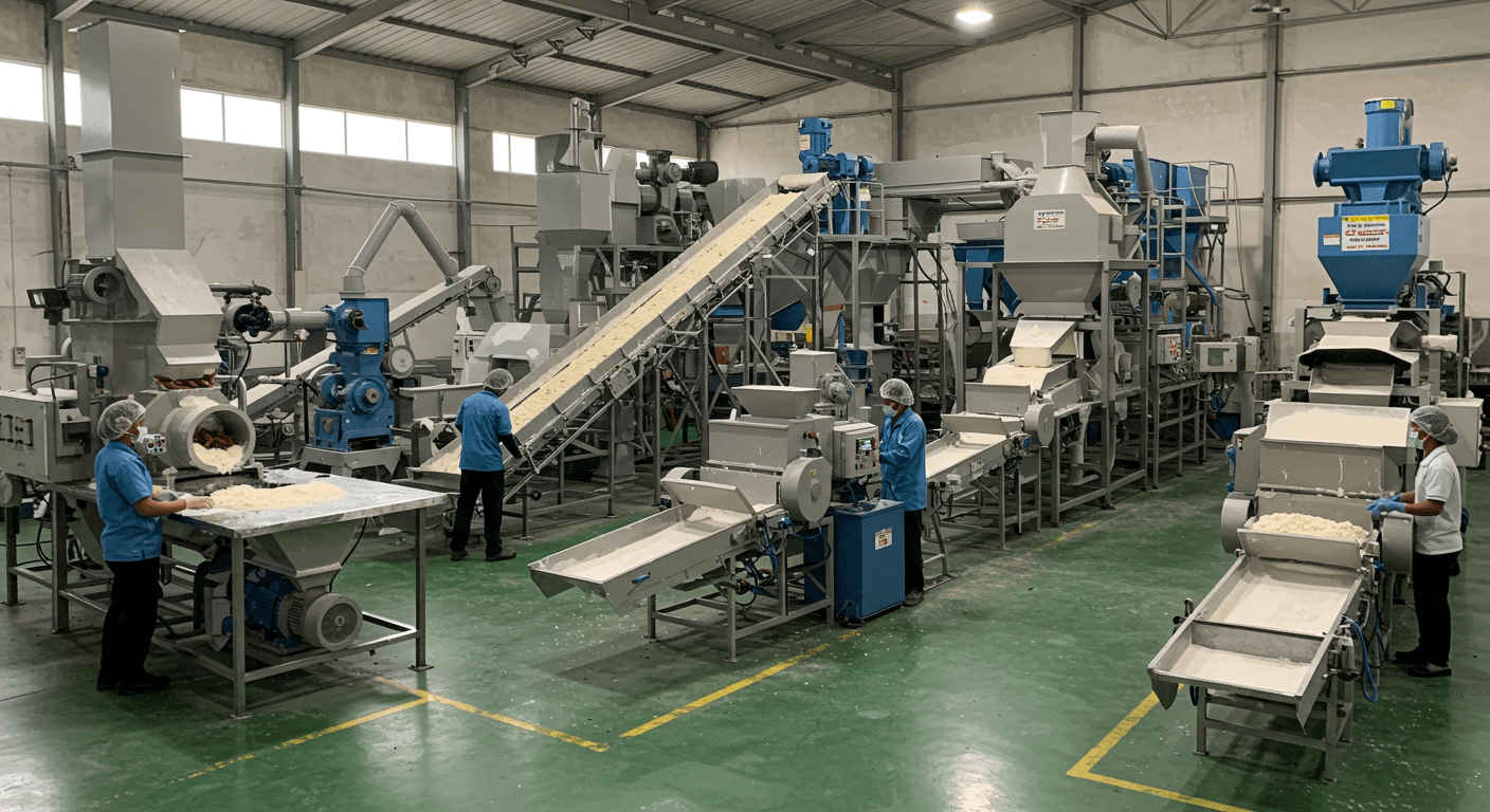 Jalur produksi pati singkong (gambar yang dihasilkan oleh AI).