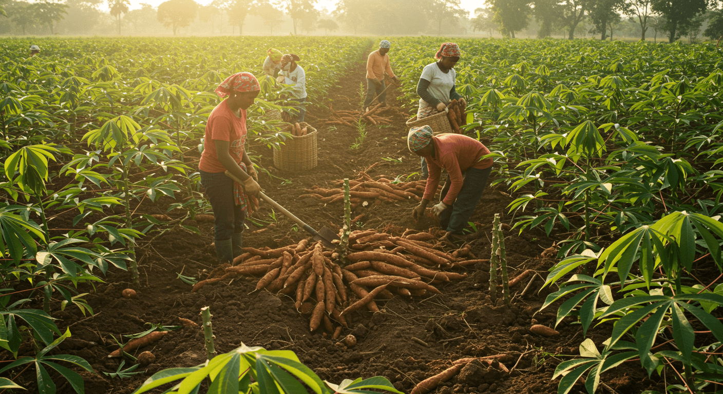 حصاد جذور الكسافا الطازجة (صورة مُولَّدة بواسطة الذكاء الاصطناعي).