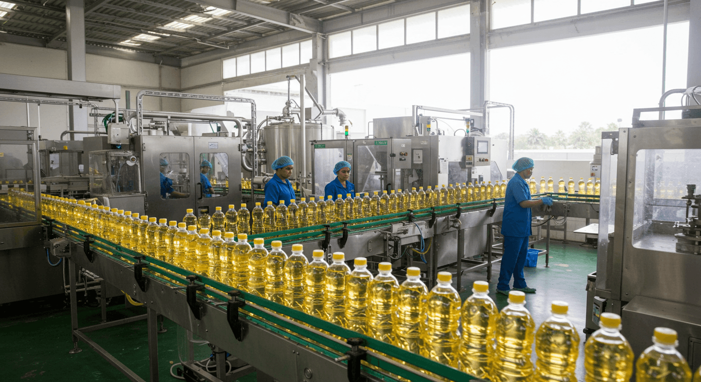 Envase de óleo de girassol em uma linha de produção no Brasil (imagem gerada por IA).