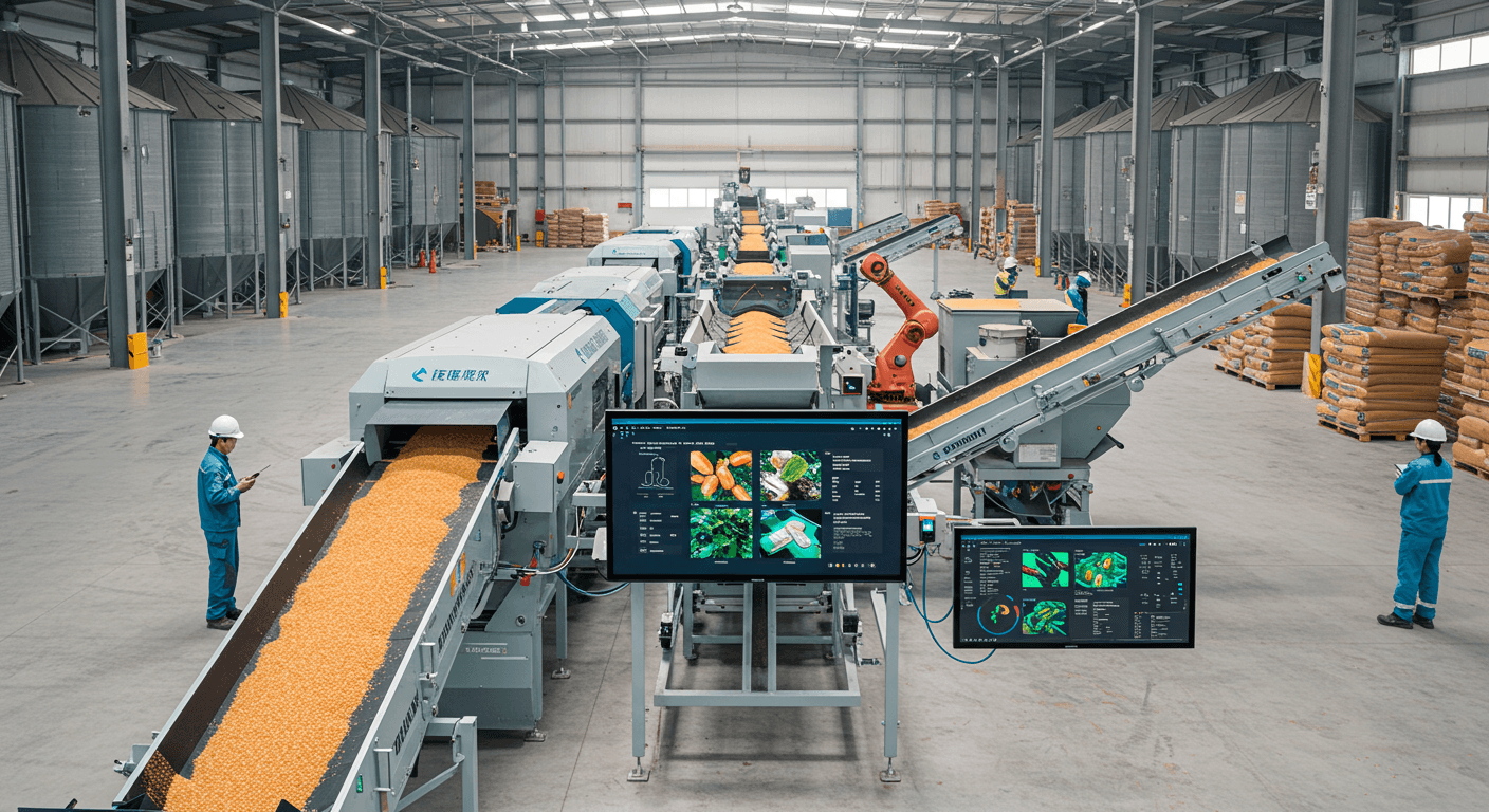 Equipamento de triagem de grãos de milho controlado pela IA (imagem gerada pela IA).