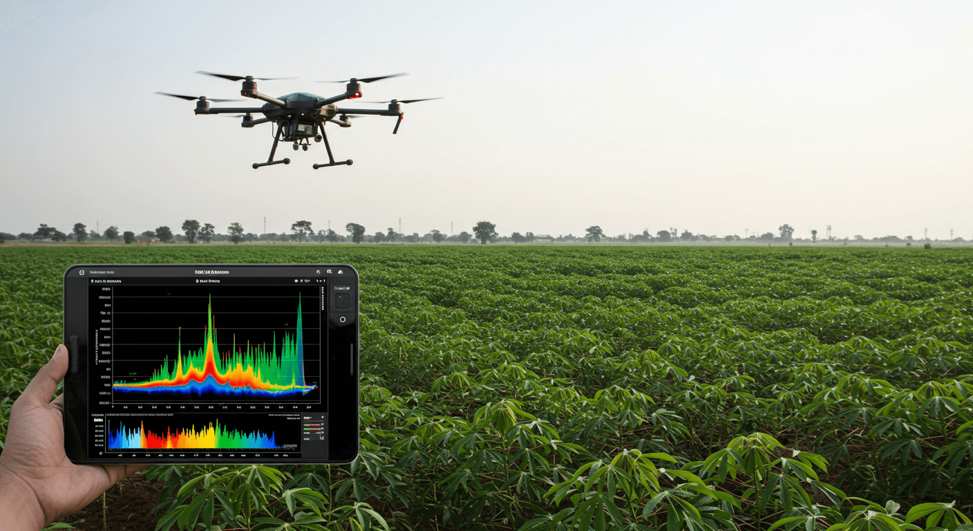 Um drone agrícola exibiu uma análise espectral das plantas de mandioca na Nigéria (imagem gerada por IA).