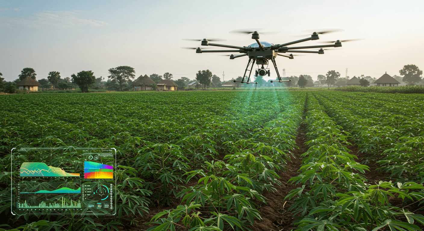 An agricultural drone displayed spectral analysis of cassava plants in Nigeria (AI-generated image).