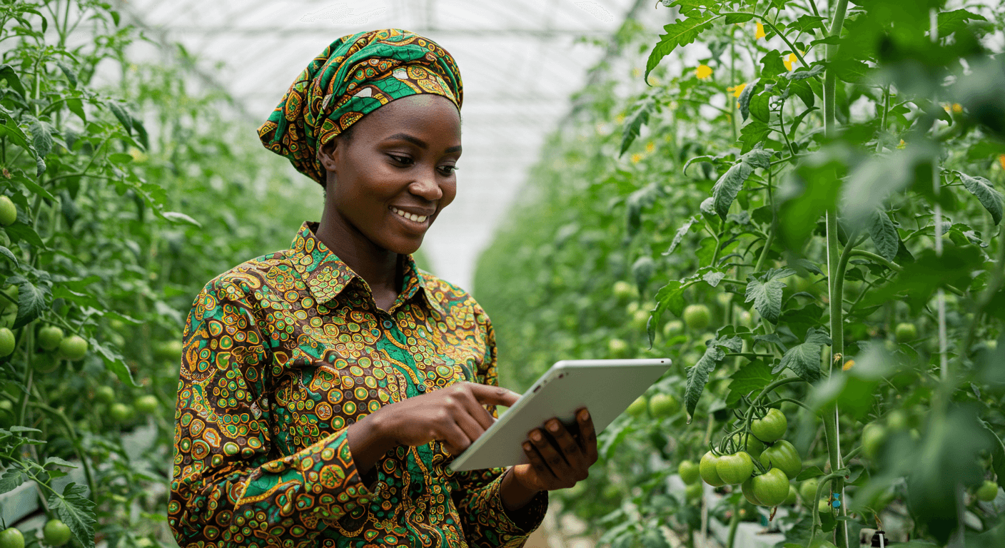Uma engenheira nigeriana de AgTech monitorou a irrigação em uma estufa de tomates em seu tablet (imagem gerada por IA).