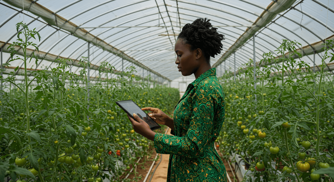 Una ingeniera nigeriana de AgTech supervisó el riego en un invernadero de tomates desde su tablet (imagen generada por IA).