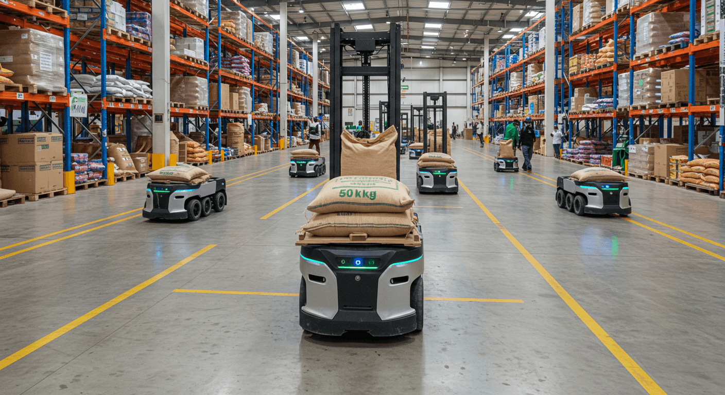 Autonomous robots transport a 50-kg bag of soybeans in a warehouse in Nigeria (AI-generated image).