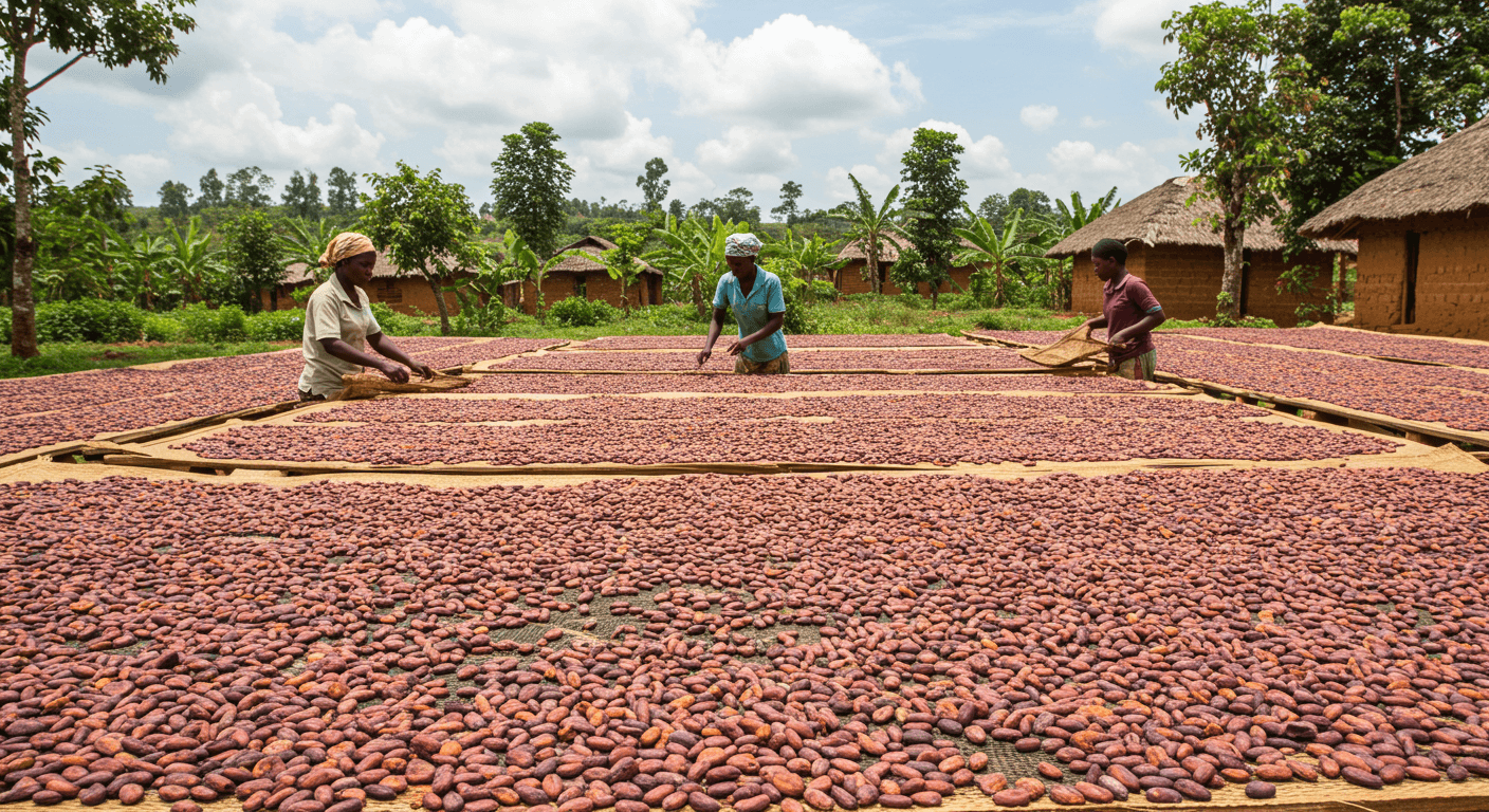 Fèves de cacao en train de sécher en Ouganda (image générée par IA).