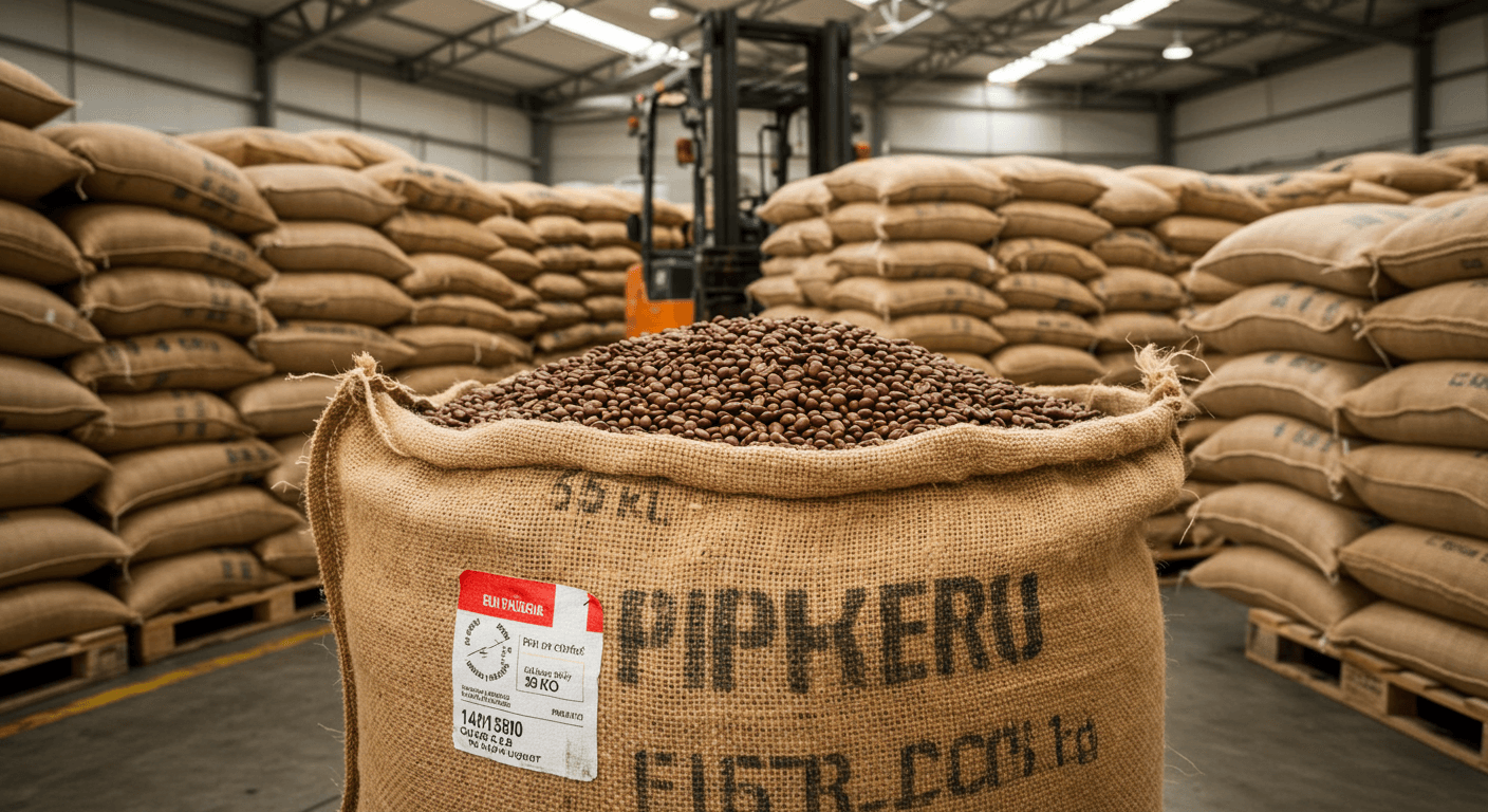 पेरू से निर्यात के लिए तैयार 50-किग्रा के बैग में कॉफी के दाने (AI-जनित छवि)।