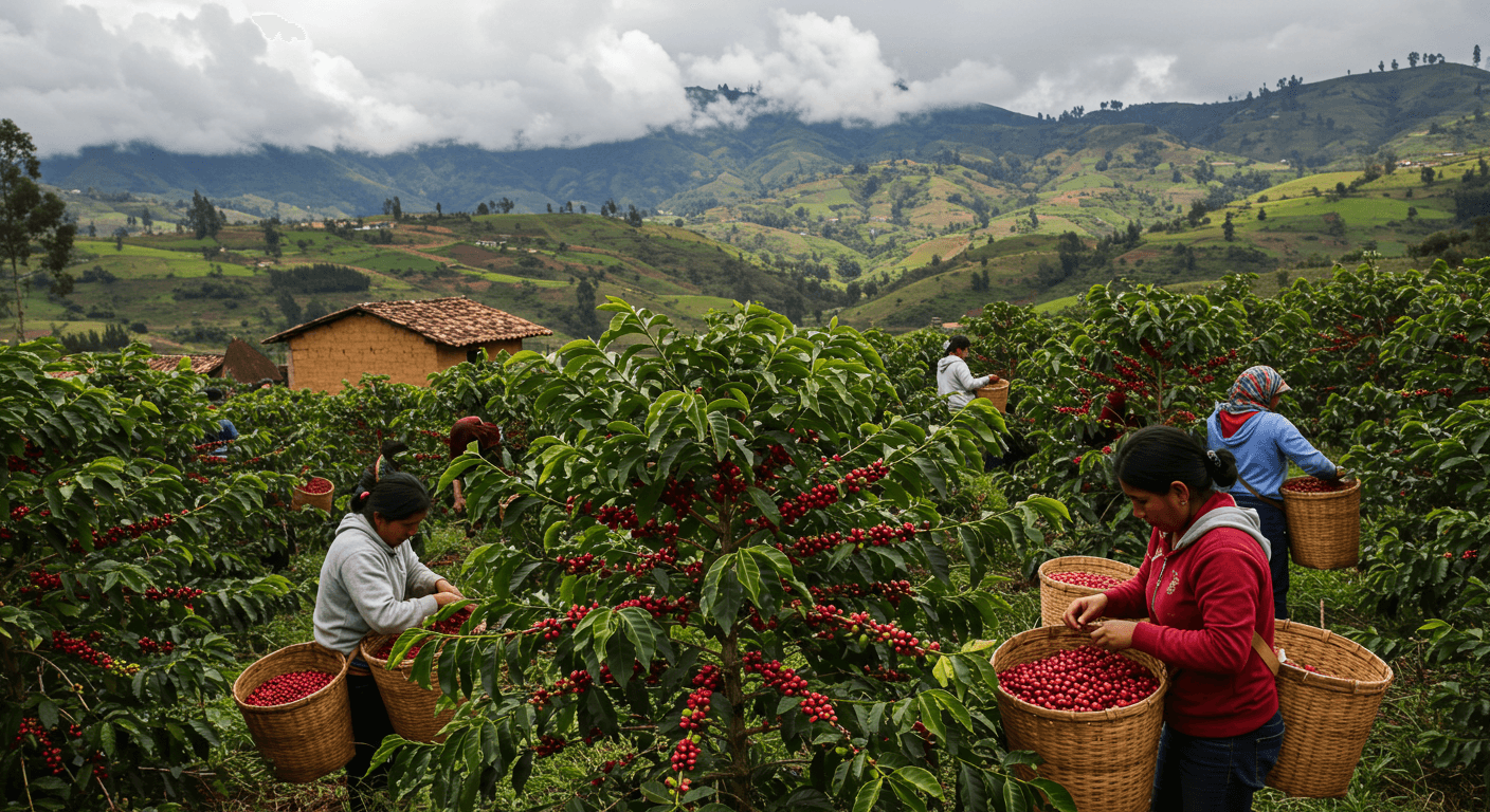 Colheita de cerejas de café no Peru, América do Sul (imagem gerada por IA).