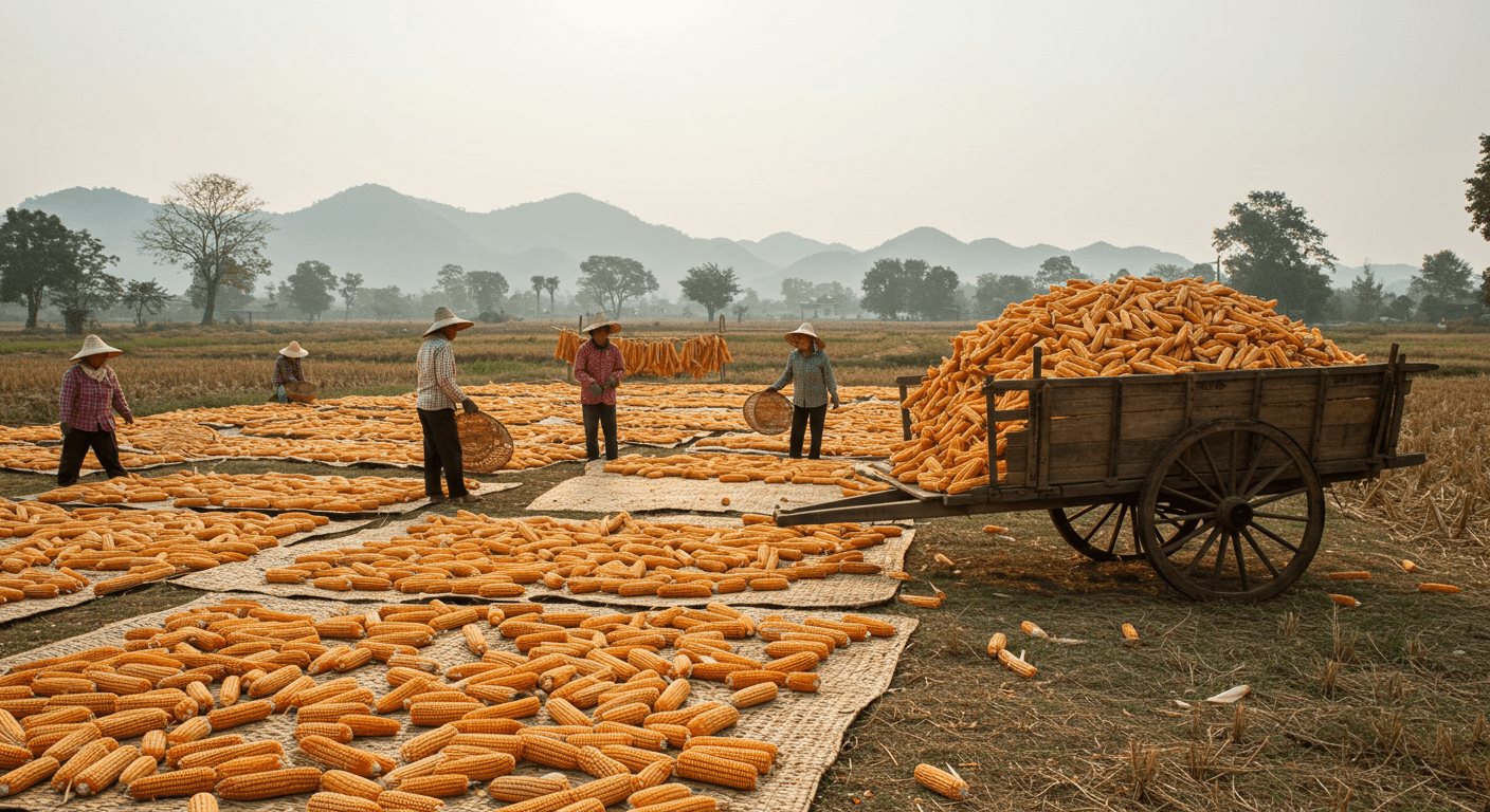 Des agriculteurs en train de sécher du maïs en Thaïlande (image générée par IA).