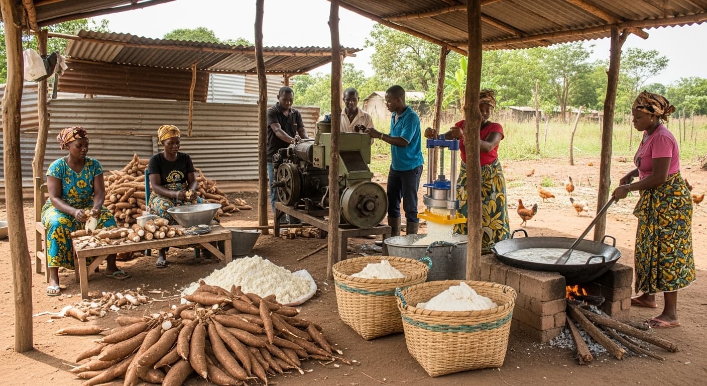 Línea de producción de gari a pequeña escala en Nigeria (imagen generada por IA).